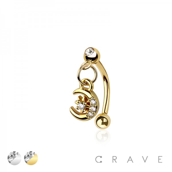 MOON STARBURST DANGLE CZ ROUND 316L SURGICAL STEEL CURVED BARBELL/EYEBROW